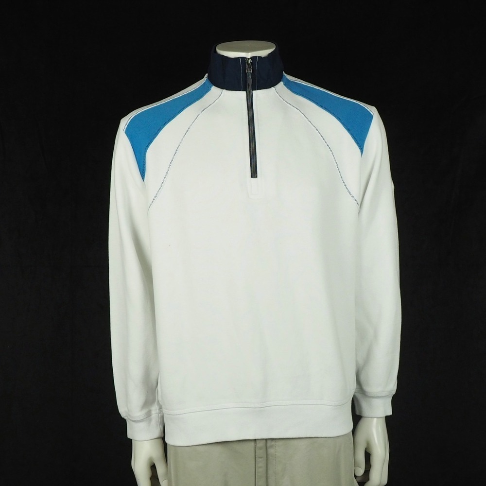 Tommy Bahama Quarter Zip Sweater Mens Medium White 1/4-Zip Cotton Knit Blend